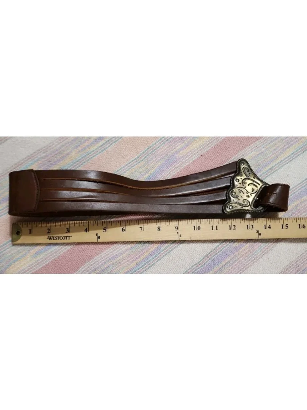 Vintage Leather Belt Etched Filigree Asymmetrical Buckle BOSTON 1987 USA Rare